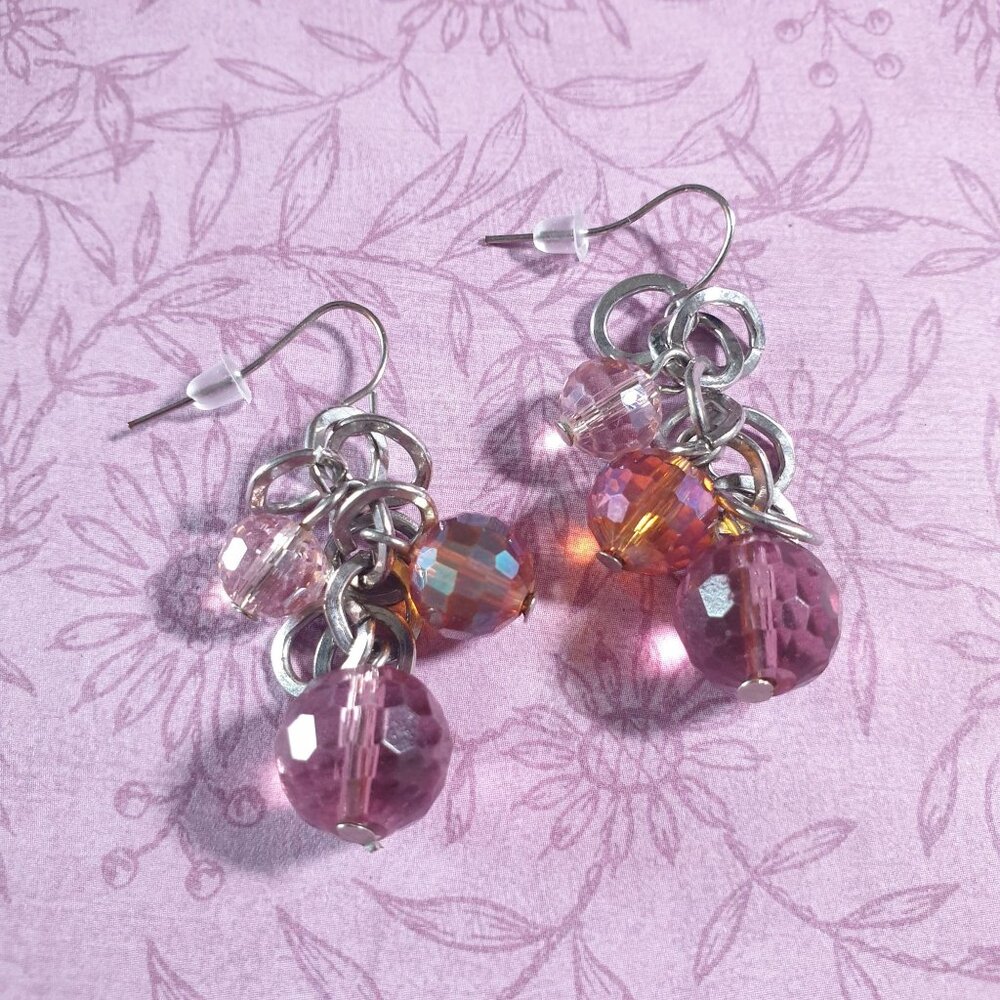 Handmade Silver Tone Vintage Dangle Earrings  Pink Orange Faceted Beads Costume